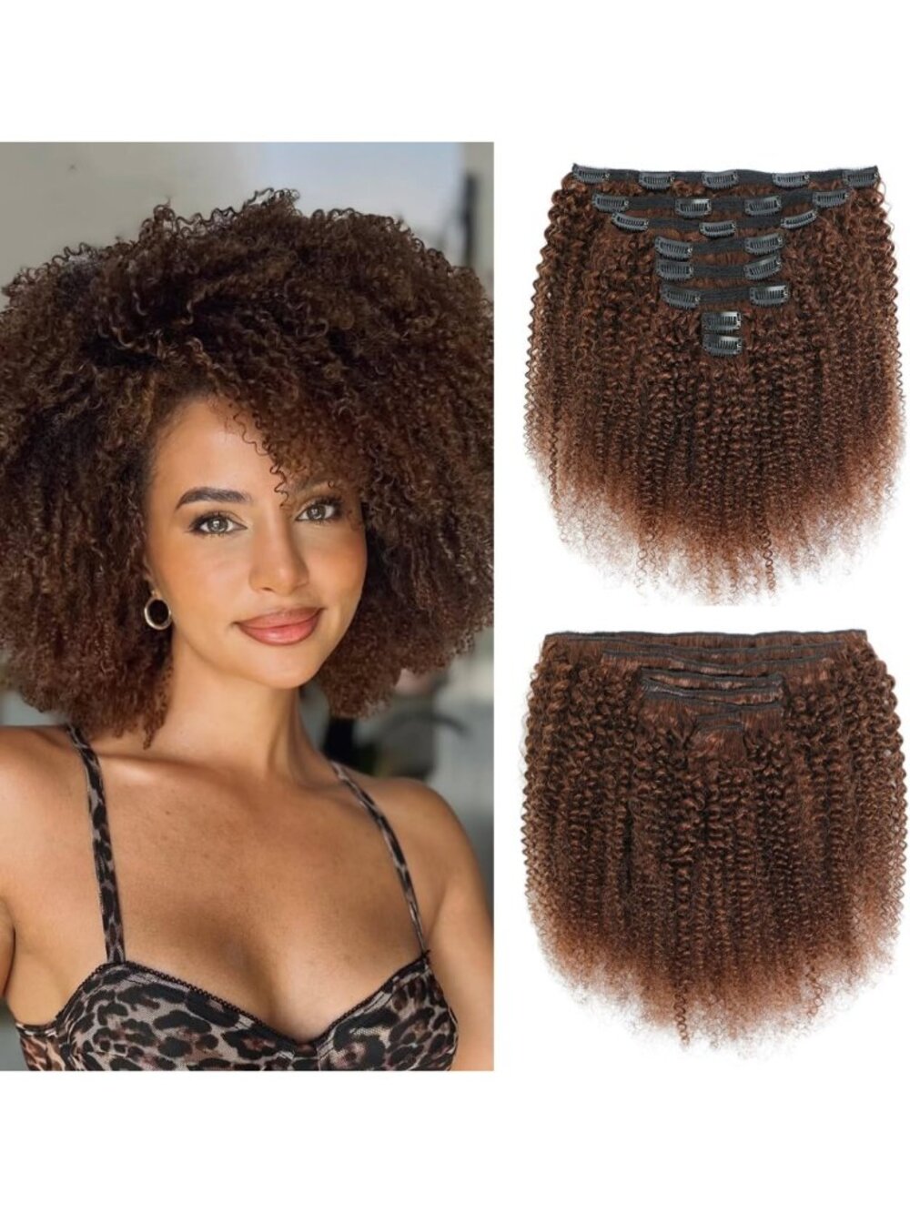 12-Inch Afro Kinky Curly Clip-Ins, Dark Brown Human Hair for 4C Texture, 8
